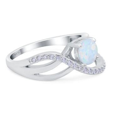 Art Deco Wedding Crisscross Ring Round Lab Created White Opal 925 Sterling Silver